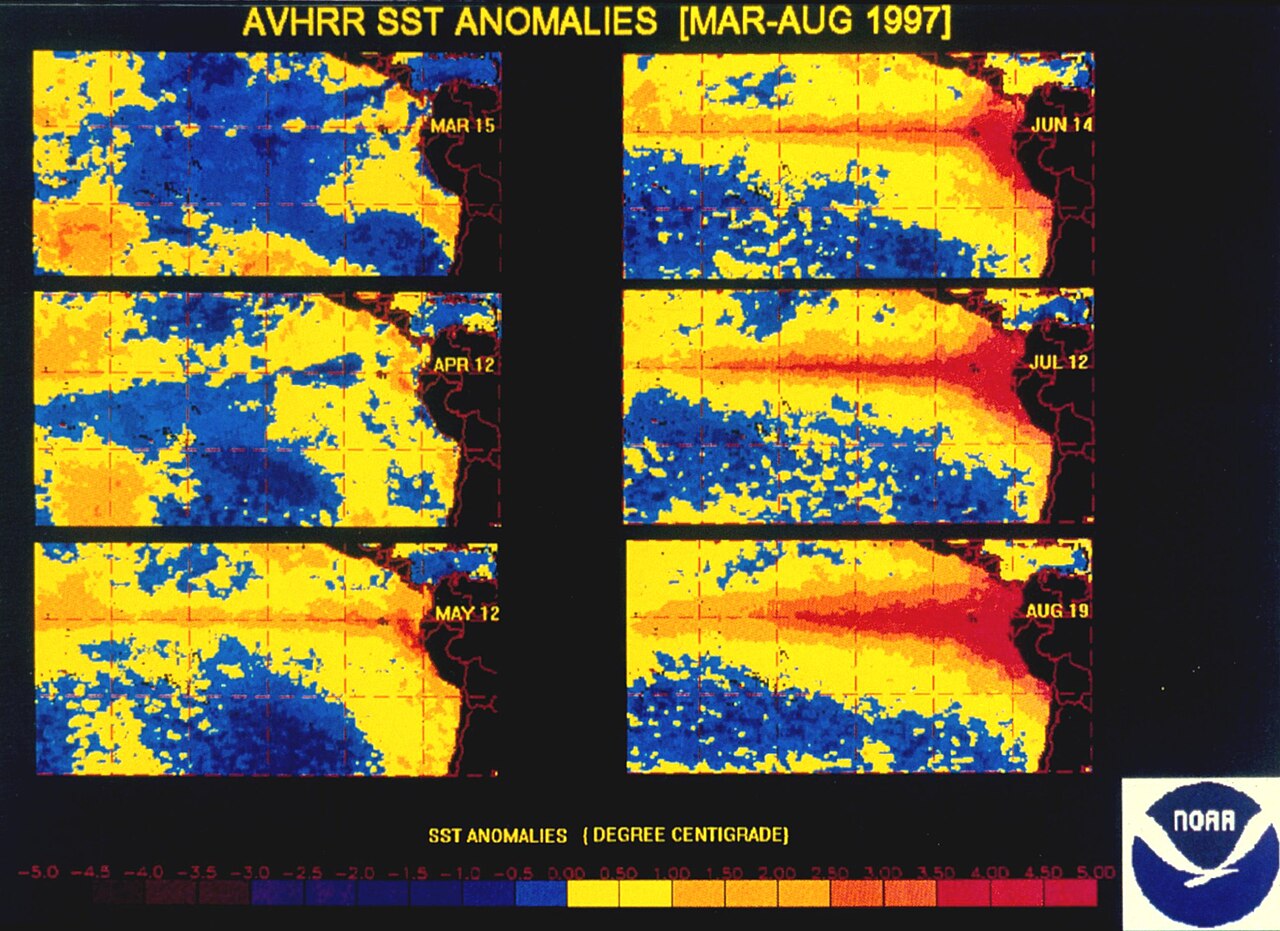 Illustration: sea surface temperature anomalies during the 1997 El Niño (not 2026 data). NOAA/Wikimedia Commons (public domain)